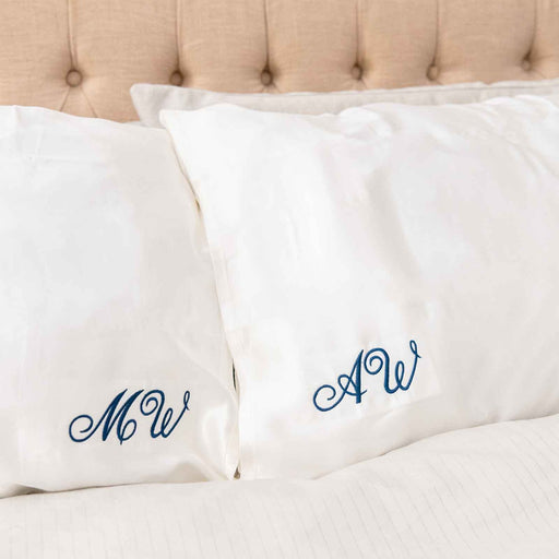 Personalised Blue Embroidery Initials White Silk Pillowcases
