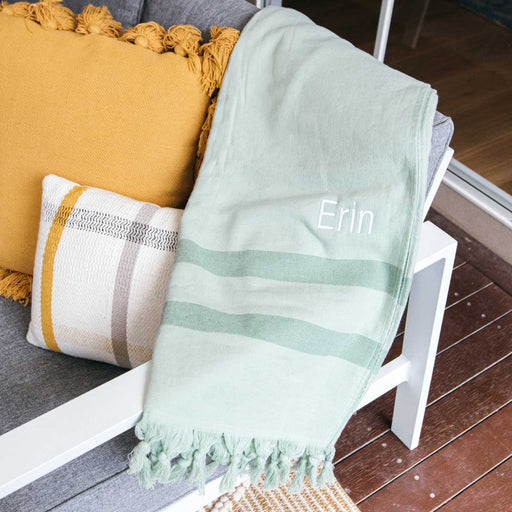 Personalised Embroidered Lightweight Cotton Turkish Towel with Tassels - Sage
