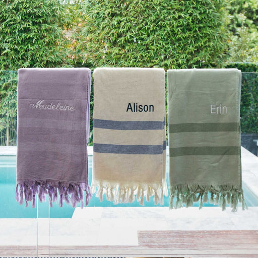 Customised Embroidered Lightweight Ivory Cotton Turkish Towel with Tassels