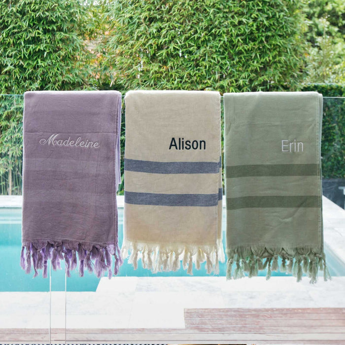 Embroidered Lightweight Cotton Turkish Towel with Tassels - Sage, Lilac & Stone