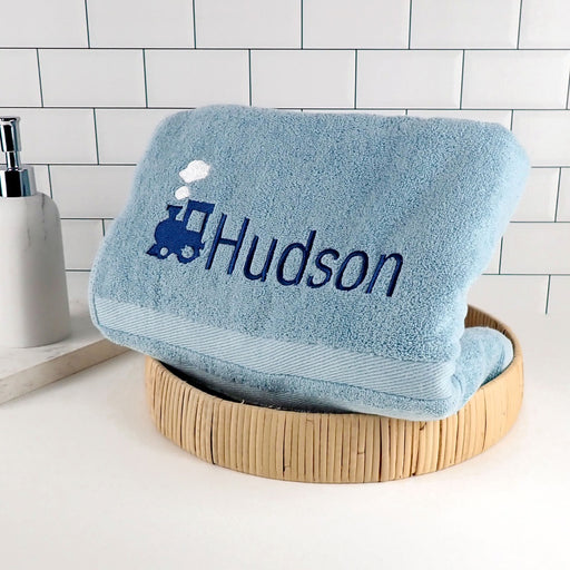 Personalised Embroidered Name Train Bath Towel for Kids