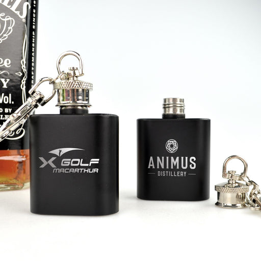 Personalised Engraved Corporate Logo Mini Black Hip Flask Keyring Promotional Client Gift