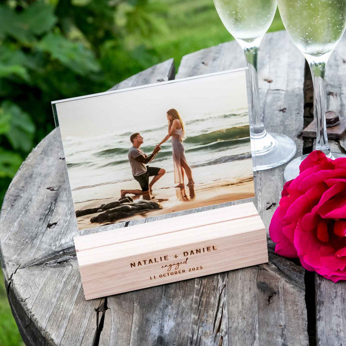 Engagement Acrylic Wedding Photo Print with Engraved Wooden Base