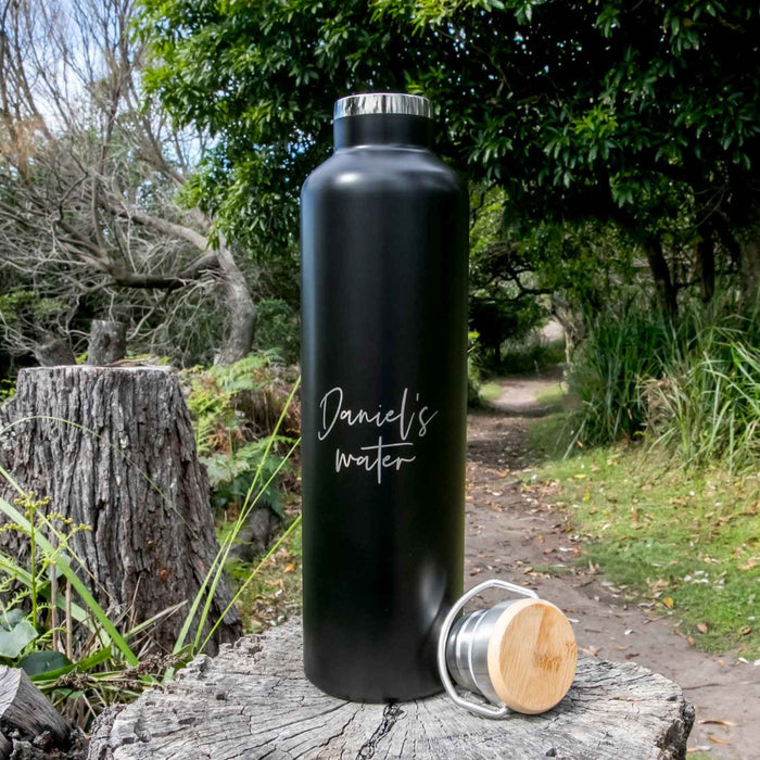 Custom Designed Engraved 1L Stainless Steel Insulated Sports Drink Water Bottle with Wooden Lid Present