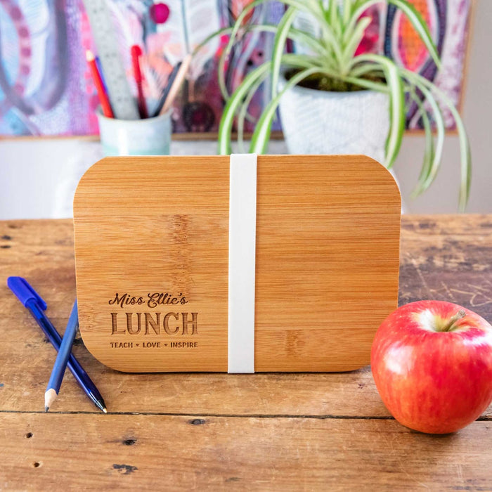 Customised Engraved Reusable Natural Bamboo Lid Lunch box Teacher's Christmas Present