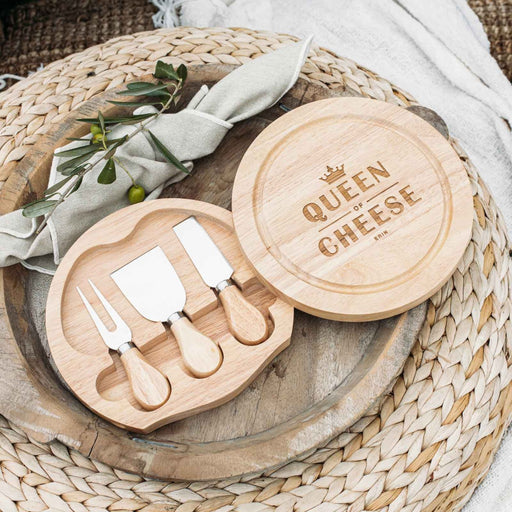 Custom Designed Engraved Round Wooden Chopping Board and 3 piece Cheese Knife Set Birthday Present