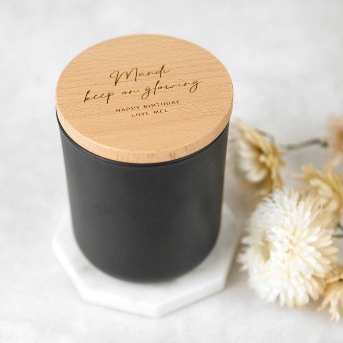 Custom Artwork Engraved Black Wood Wick Soy Candle with Wooden Lid Birthday Gift