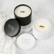 Custom Designed Engraved Wood Wick Soy Candle Black or White Tin Birthday Gift
