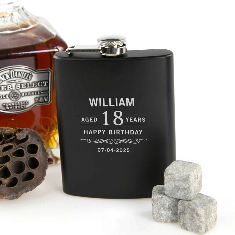 Personalised Engraved 21st Milestone Birthday Black Hip Flask Present