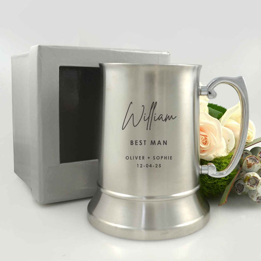 Custom designed laser engraved silver beer mug for groom, groomsman and best man