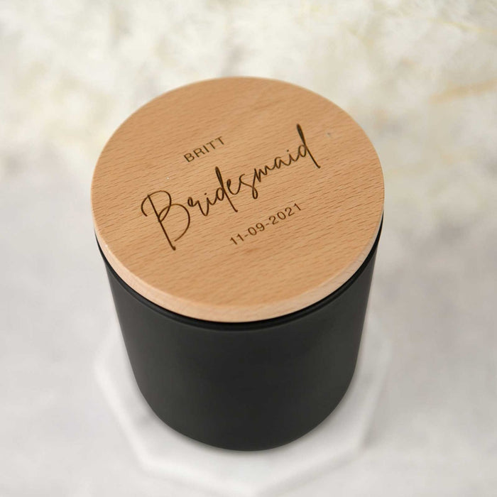 Custom Artwork Engraved Maid of Honour Black Wood Wick Soy Candle with Wooden Wedding Gift