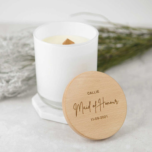 Personalised Engraved Bridal Party White Wood Wick Soy Candle with Wooden Lid Gift