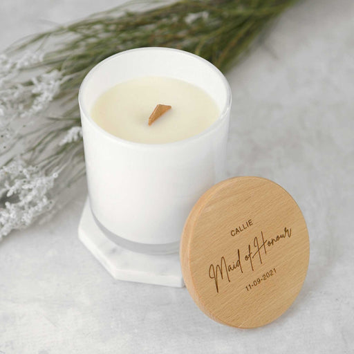 Customised Engraved Wedding Maid of Honour White Wood Wick Soy Candle with Wooden Lid Gift