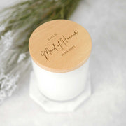 Custom Designed Engraved Wedding Bridesmaid White Wood Wick Soy Candle with Wooden Lid Present