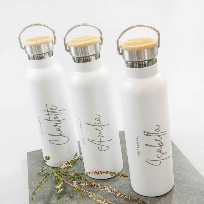 Personalised Engraved Bridal Party White, Black & Tiffany Blue Metal Water Bottles With Wooden Lids Gift