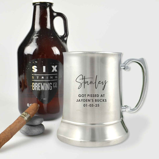 Custom Designed Engraved Buck's Party Silver Metal Beer Mug Present