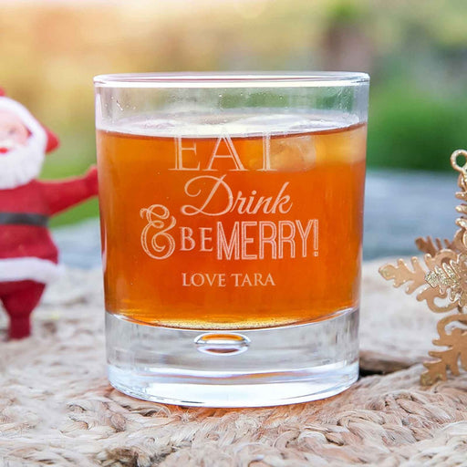 Personalised Engraved "eat, drink and be merry" Christmas scotch whiskey round glass secret Santa present