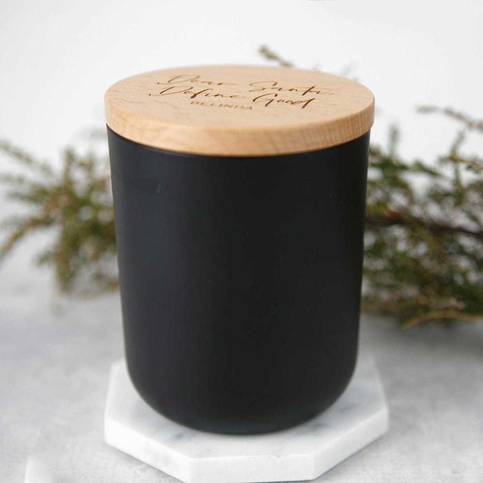 Custom Designed Black Soy Candle with Engraved Wooden Lid Christmas Present