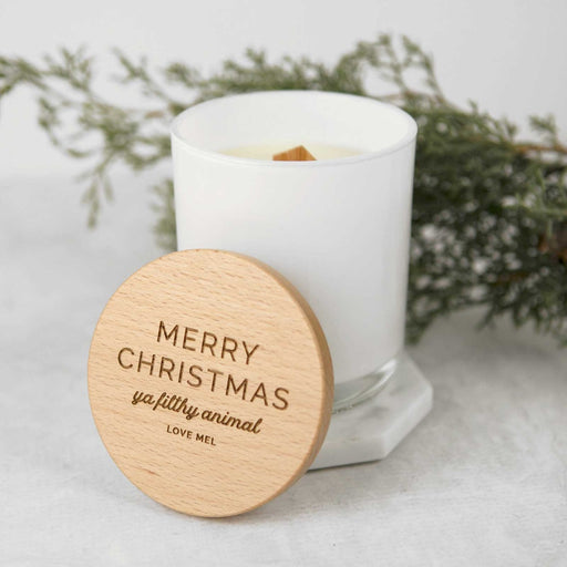 Personalised Engraved White Christmas Wood Wick Soy Candle with Wooden Lid Gift