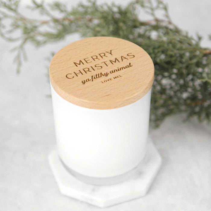 Custom Artwork Engraved White Wood Wick Soy Candle with Wooden Lid Christmas Present
