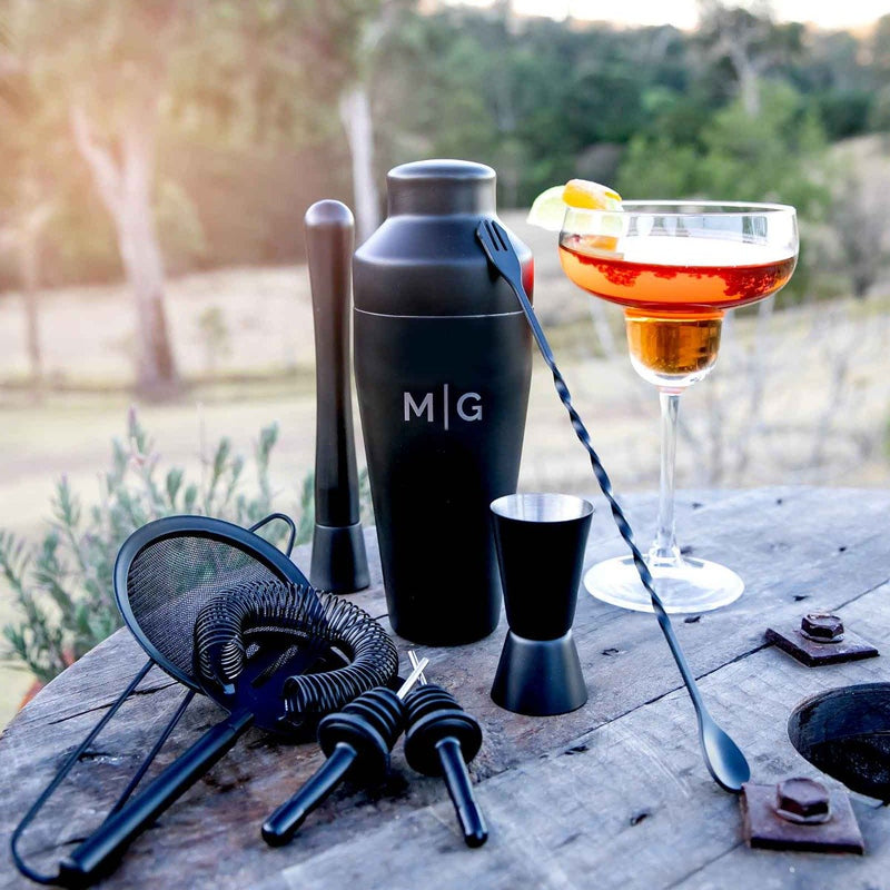 Engraved Matte Black Cocktail Shaker Barware Set in Gift Box