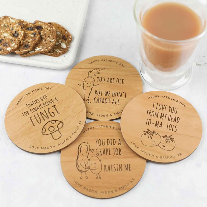 Personalised Engraved Father's Day Set of 4 Wooden Coaster With Dad Puns Present