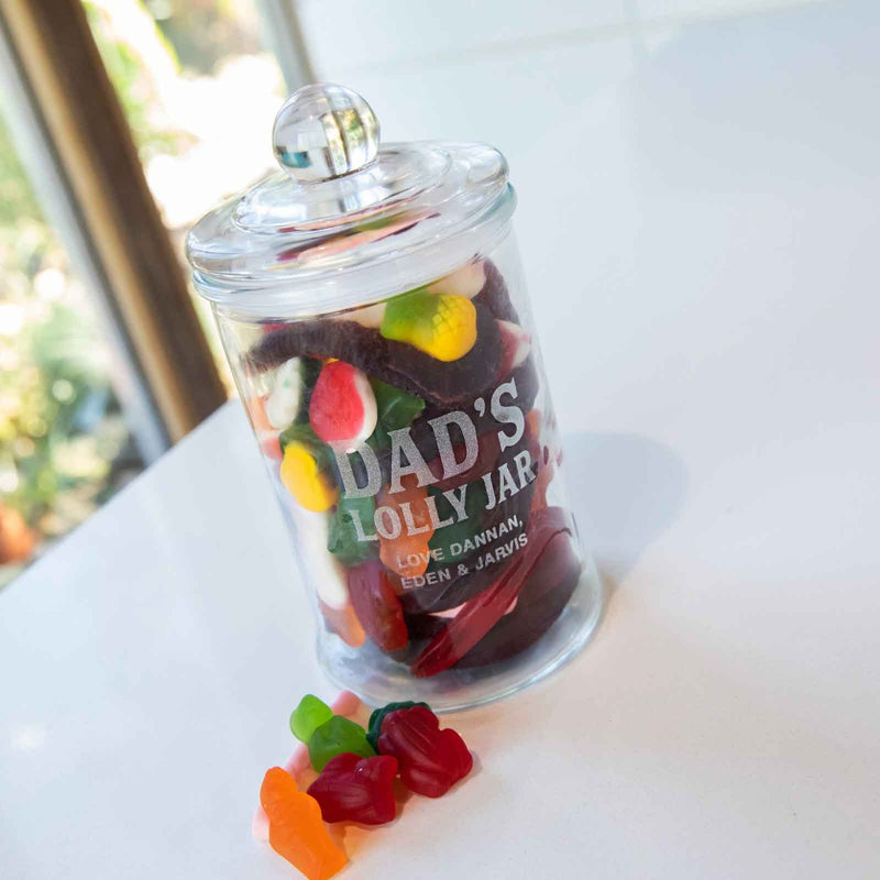 Engraved lolly jar with French-tip lid for Father’s Day