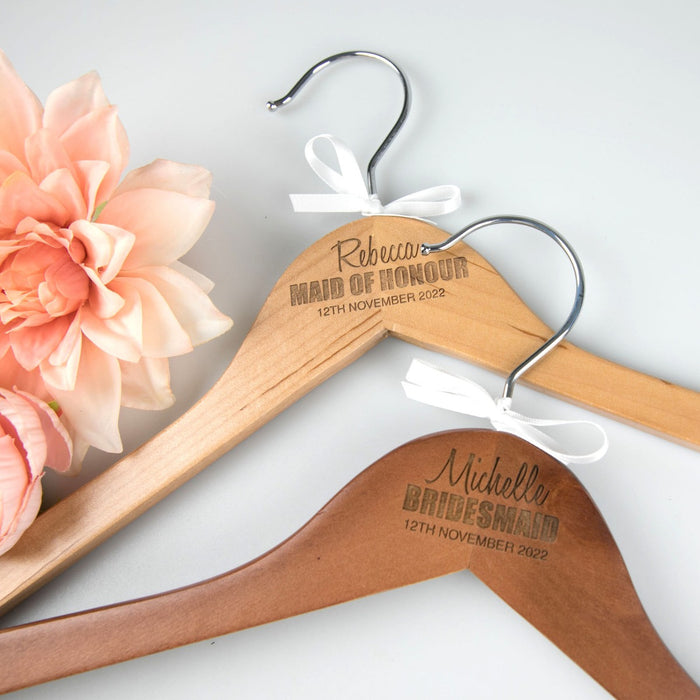 Engraved personalised wooden wedding coat hangers