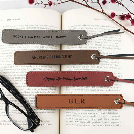 Personalised Engraved Birthday Grey, Brown, Red & Tan Leatherette Bookmarks Gift