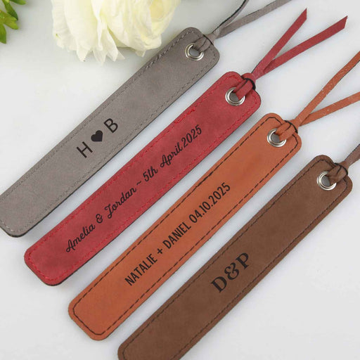 Personalised Engraved Grey, red, Tan & Brown Leatherette Bookmark Wedding Favours