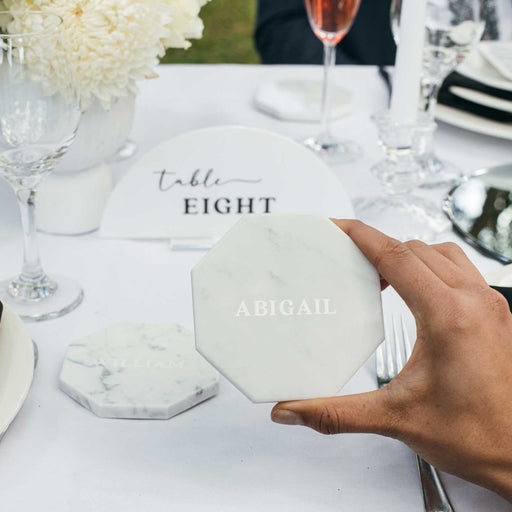 Customised Engraved Wedding Guest Names Octagonal White Marble Wedding Coaster Place Card