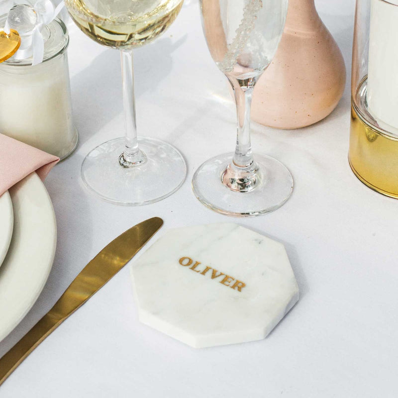 Custom Artwork Golf Infill Engraved Wedding Octagon Marble Coaster Place card and Favour