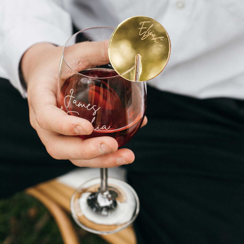 Engraved Round Mirror Gold Wedding Place Cards for Glassware