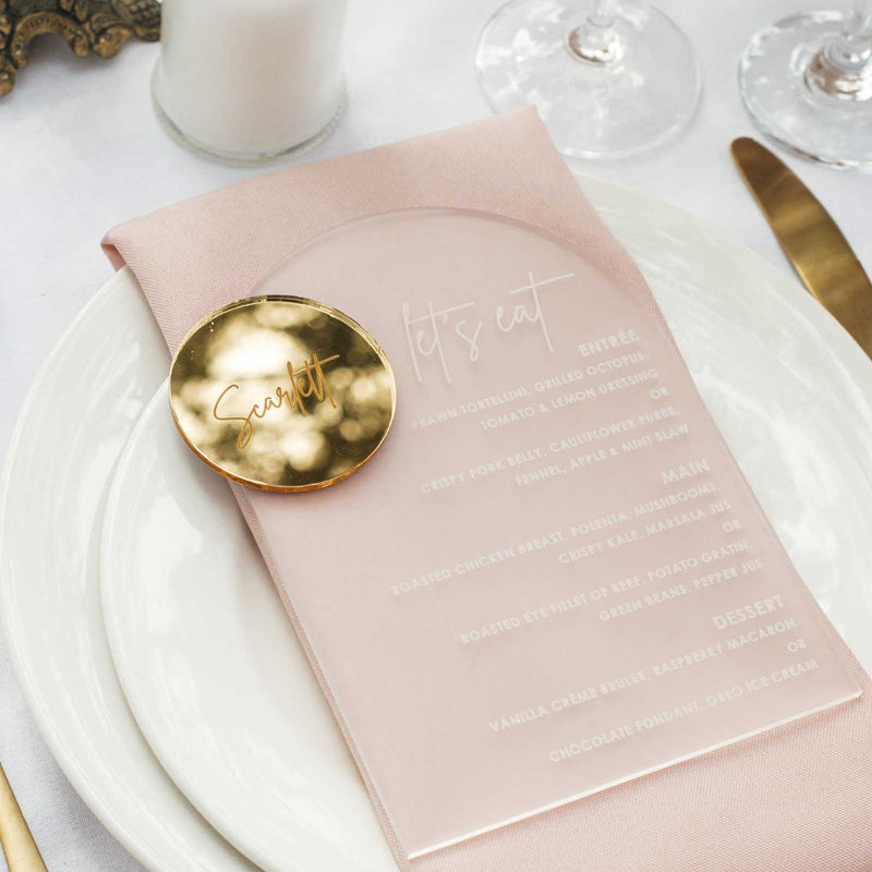 Custom Artwork Engraved Name Mirror Gold Round Wedding Place Card