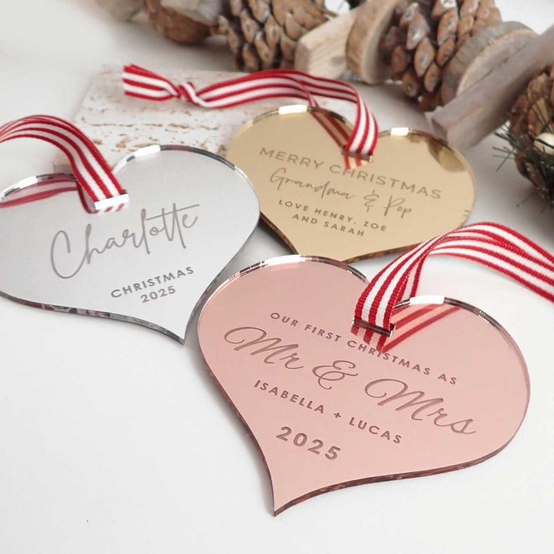 Engraved Mirror Acrylic Heart Christmas Tree Decoration