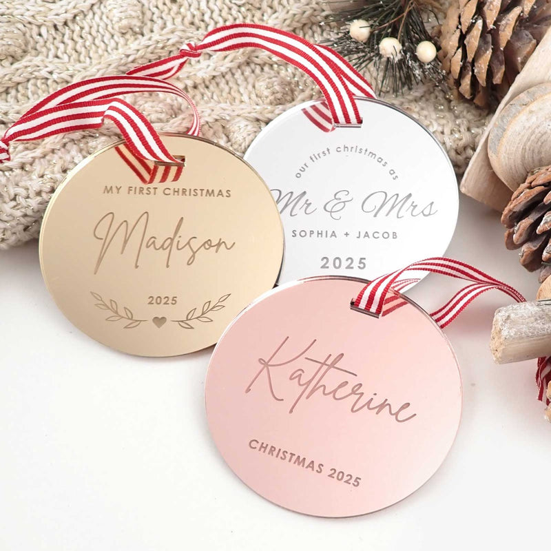 Engraved Mirror Acrylic Round Christmas Tree Decoration