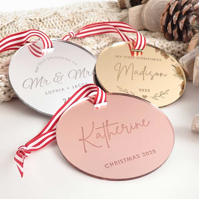 Engraved Mirror Acrylic Round Christmas Tree Decoration