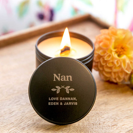 Personalised Engraved Mother's Day Wood Wick Soy Candle Black Tin Present