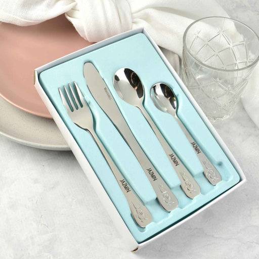 Customised Engraved Baby's Name bunny fork, knife, spoon and teaspoon gift set