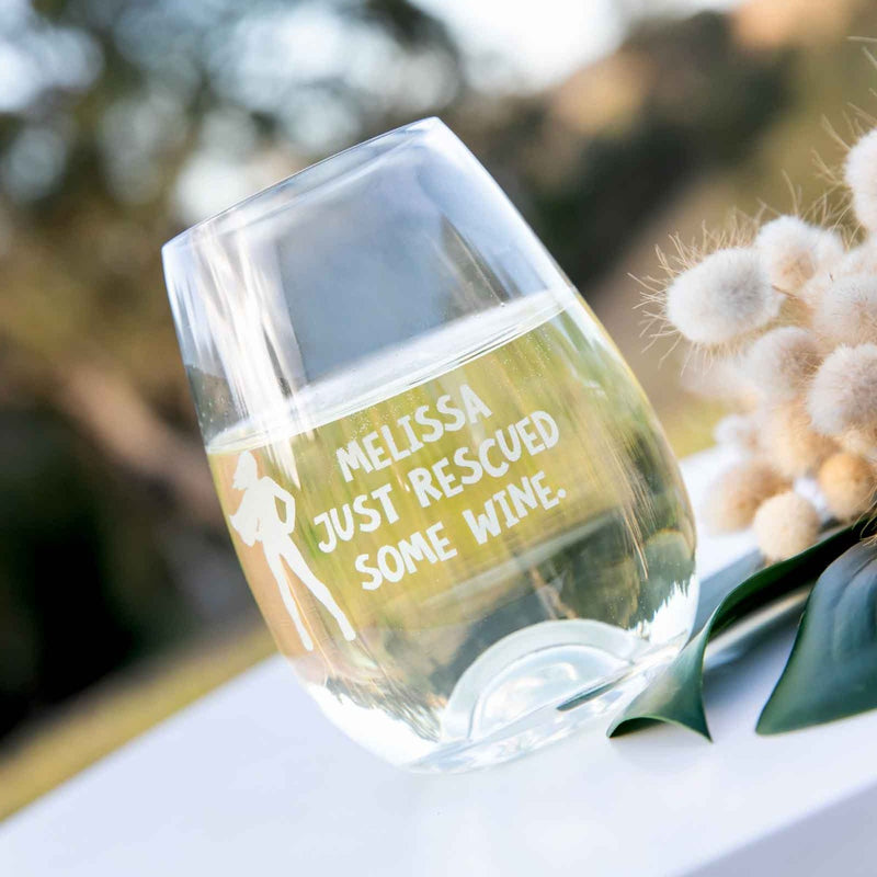 Custom Artwork Engraved Name Super Hero Female "Just Rescued Some Wine" 460ml Stemless Wine Glass Christmas