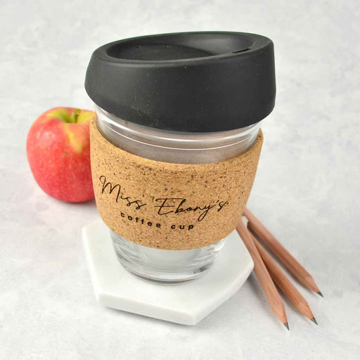 Customised Engraved Black Lid, Cork Christmas Teacher Reusable Coffee Glass cup Present