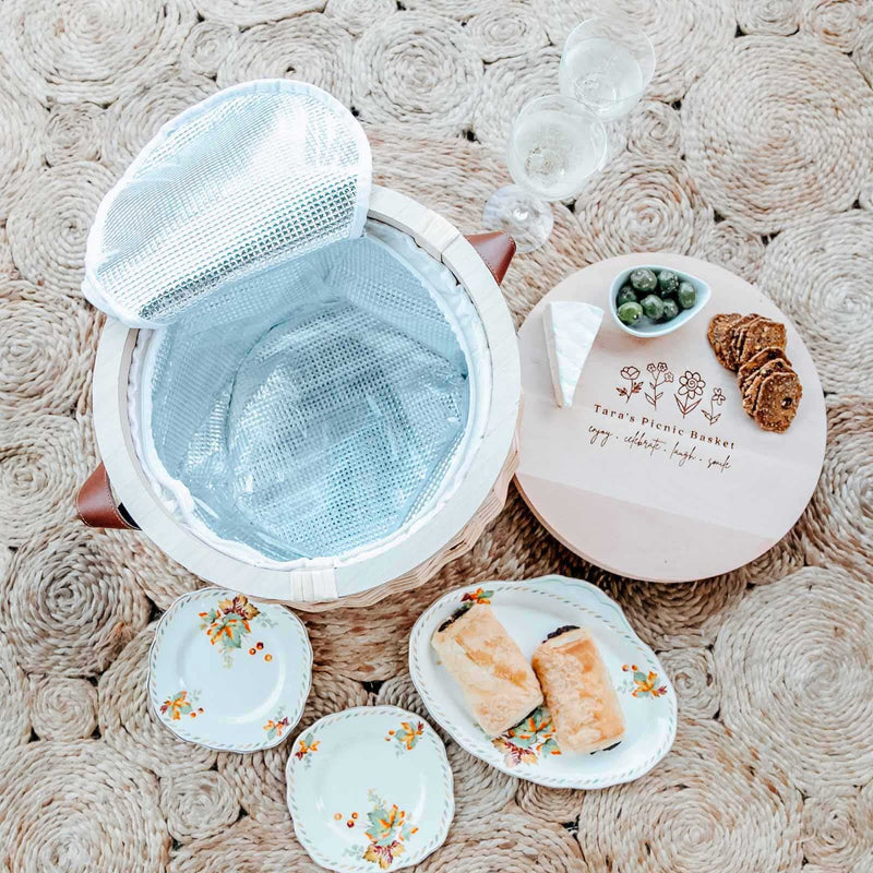 Customised Artwork Engraved Cooler Picnic Basket with Engraved Wooden Lid Birthday Present