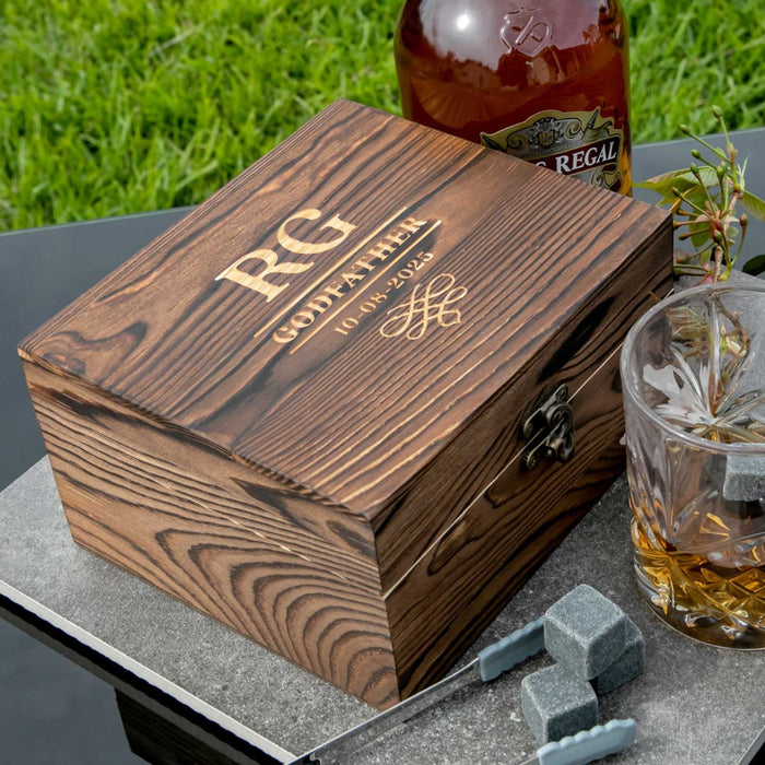Customised Engraved Name Godfather Rustic Wooden Box With Scotch Glasses & Whiskey Stones