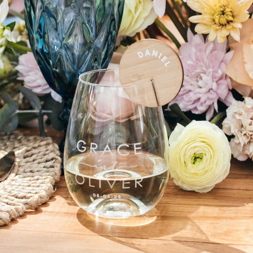 Personalised Engraved Bride Groom Name Wedding Date Stemless Wine Glass