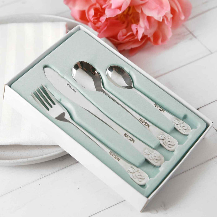 Customised Engraved Baby First Silver Fork, Knife, Spoon Embossed Bear Set Present