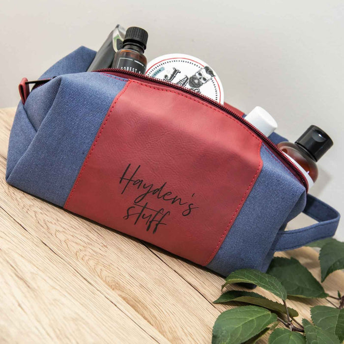 Custom Designed Engraved Red Blue Leatherette Toiletry Travel Case