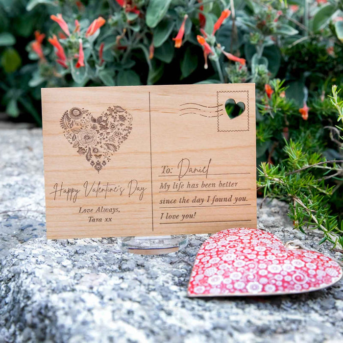 Custom Artwork Engraved Valentine's Wooden Postcard with Stand