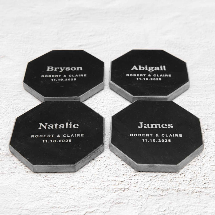Engraved Black Octagonal Marble Coaster Wedding Place Card