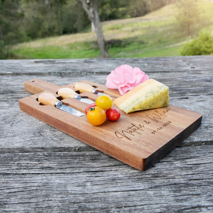 Custom Artwork Engraved Wedding, Engagement, Anniversary Cheese Board and Cheese Knife Set