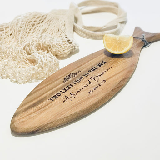 Personalised Engraved Fish Shaped Wooden Acacia Serving Board Bride and Groom Presents